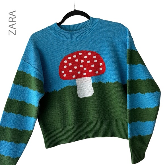 ZARA MUSHROOM SWEATER LIKE NEW BLUE & GREEN CHECKERBOARD COTTON BLEND | SMALL - Picture 1 of 10